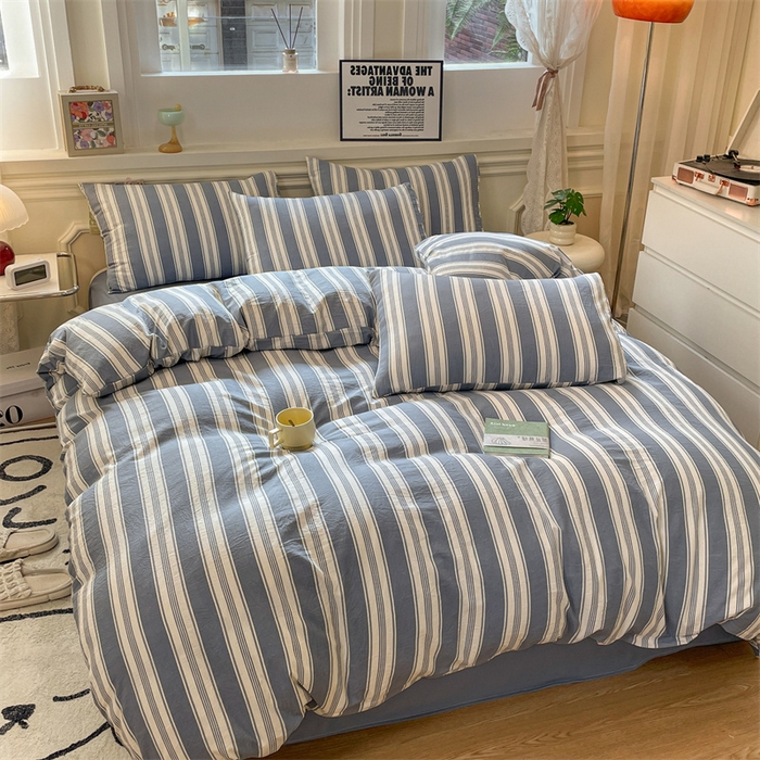 91家纺网 家纺一手货源 找家纺 盛秋家纺 2025新款水洗棉格子系列四件套蓝灰中条+海清