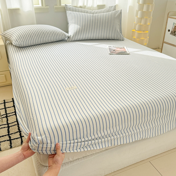 91家纺网 家纺一手货源 找家纺 眠博士2025新款 全棉双层纱 单床笠 双层纱床笠-白蓝条