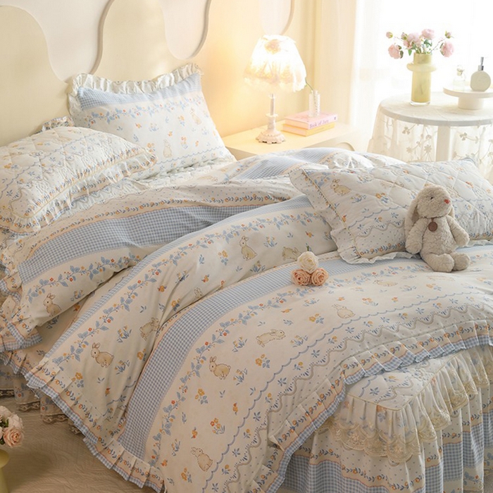 91家纺网 家纺一手货源 找家纺 美达家纺 2025新款全棉印花床裙四件套 花宠乐章-蓝