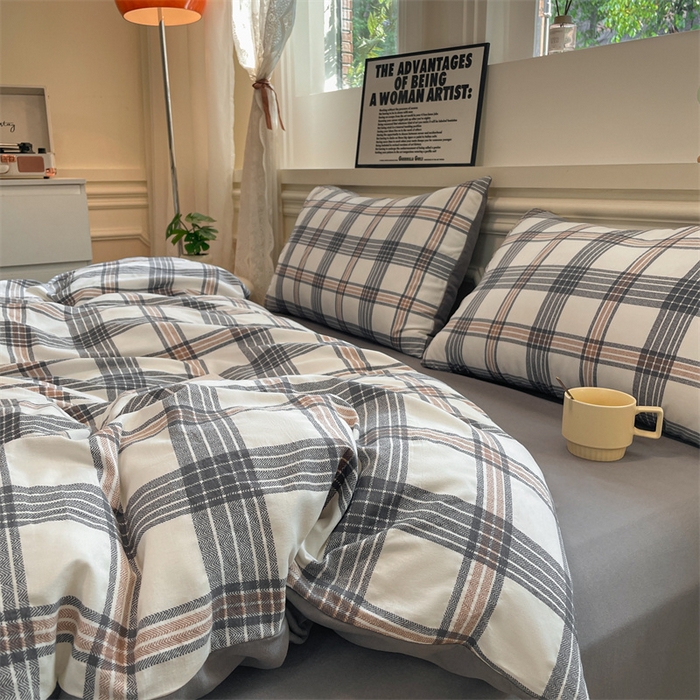 91家纺网 家纺一手货源 找家纺 盛秋家纺 2025新款水洗棉格子系列四件套瑞克+中灰