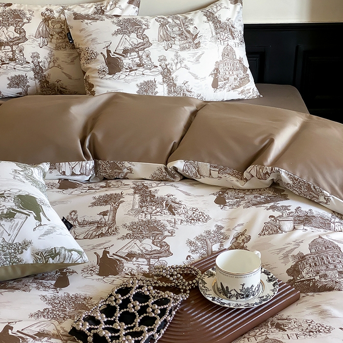 91家纺网 家纺一手货源 找家纺 赫帛 2025新款赫本猫联名系列四件套-南法庄园 南法庄园-复古咖