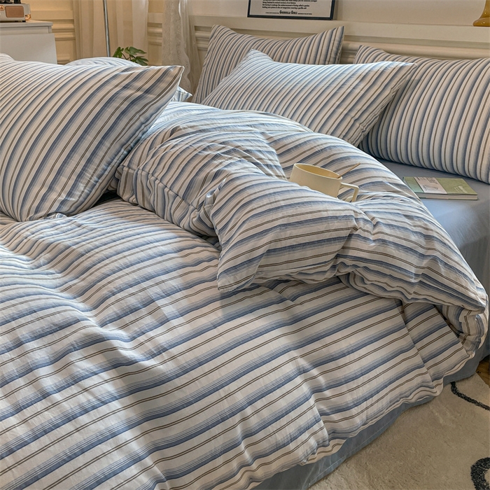 91家纺网 家纺一手货源 找家纺 盛秋家纺 2025新款水洗棉格子系列四件套灰苏条+蓝灰