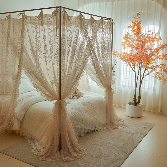 91家纺网 家纺一手货源 找家纺 2025新款浪漫落地蕾丝花边蚊帐905提花系带系列 905玫瑰庄园-奶油杏