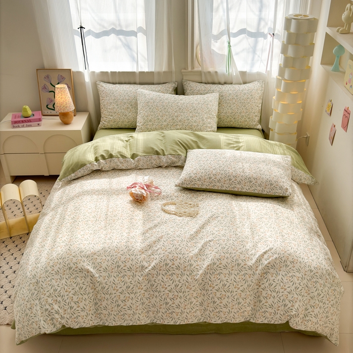 91家纺网 家纺一手货源 找家纺 清雅福 2025全棉13372小清新四件套和单被套早春系列第二批--四件套 绿茵