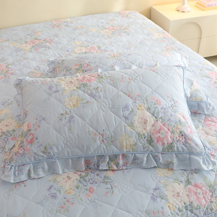 91家纺网 家纺一手货源 找家纺 美达家纺 2025新款全棉印花床裙四件套 栀夏海棠-蓝