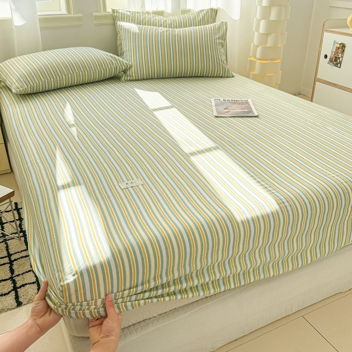 91家纺网 家纺一手货源 找家纺 眠博士2025新款 全棉双层纱 单床笠 双层纱床笠-黄绿条