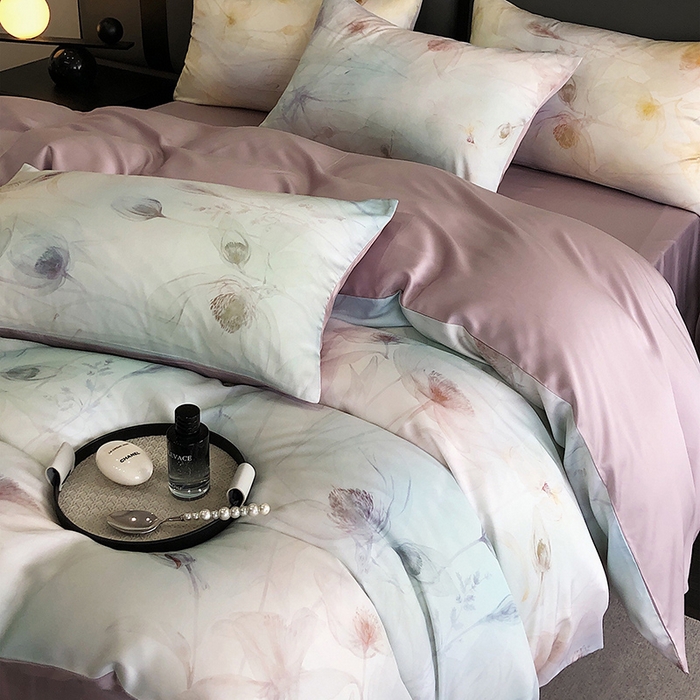 91家纺网 家纺一手货源 找家纺 立奥被业 2025年新款100%兰精天丝四件套天丝数码印花四件套 水仙紫