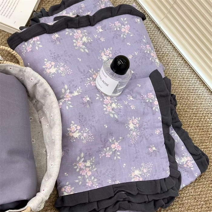 91家纺网 家纺一手货源 找家纺 荣轩 2024新款全棉印花双层纱四件套 皱皱纱花边款 闻汐