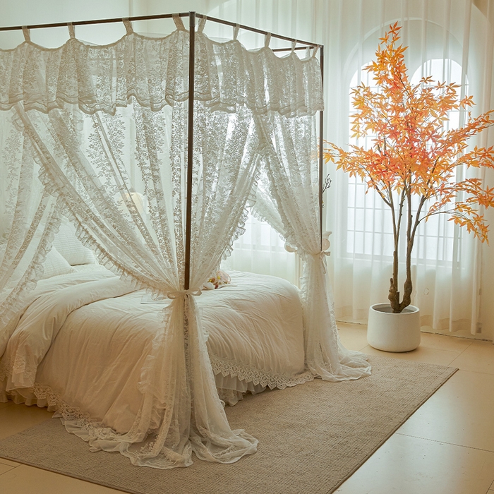 91家纺网 家纺一手货源 找家纺 都市缘蚊帐 2025新款A902穿杆落地宫廷蚊帐烤漆支架款 902玫瑰庄园-奶油白