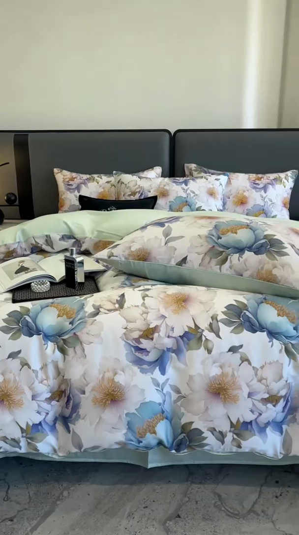 91家纺网 家纺一手货源 找家纺 立奥被业 2025年新款100%兰精天丝四件套天丝数码印花四件套 牡丹绿