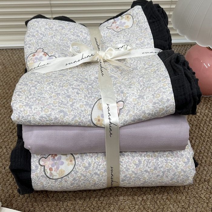 91家纺网 家纺一手货源 找家纺 荣轩 2024新款全棉印花双层纱四件套 皱皱纱花边款 曲奇绵绵