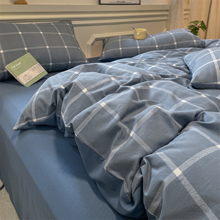 91家纺网 家纺一手货源 找家纺 盛秋家纺 2025新款水洗棉格子系列四件套 灰大格+蓝灰