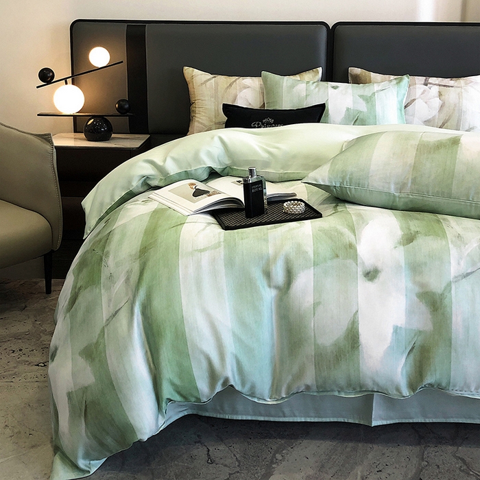 91家纺网 家纺一手货源 找家纺 立奥被业 2025年新款100%兰精天丝四件套天丝数码印花四件套 雨荷绿