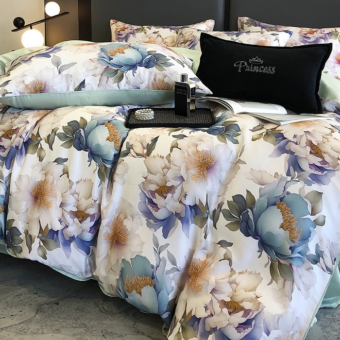 91家纺网 家纺一手货源 找家纺 立奥被业 2025年新款100%兰精天丝四件套天丝数码印花四件套 牡丹绿