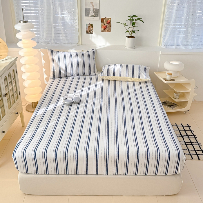 91家纺网 家纺一手货源 找家纺 眠博士2025新款全棉老粗布床笠 老粗布床笠-条纹蓝