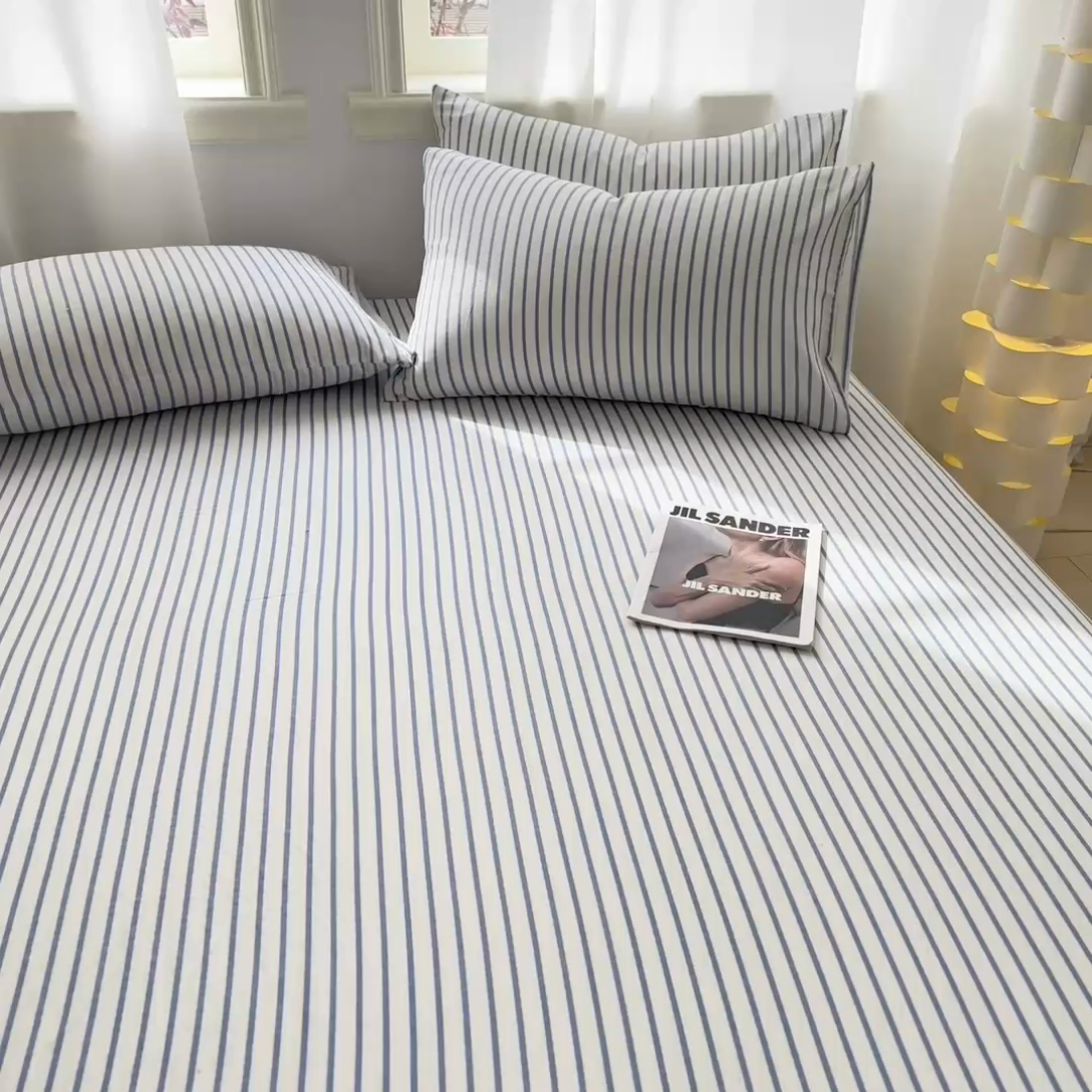 91家纺网 家纺一手货源 找家纺 眠博士2025新款 全棉双层纱 单床笠 双层纱床笠-白蓝条