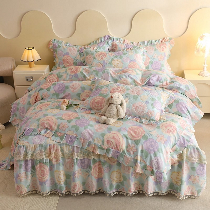 91家纺网 家纺一手货源 找家纺 美达家纺 2025新款全棉印花床裙四件套 花幽兰-绿