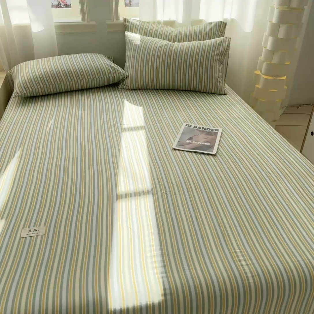 91家纺网 家纺一手货源 找家纺 眠博士2025新款 全棉双层纱 单床笠 双层纱床笠-黄绿条