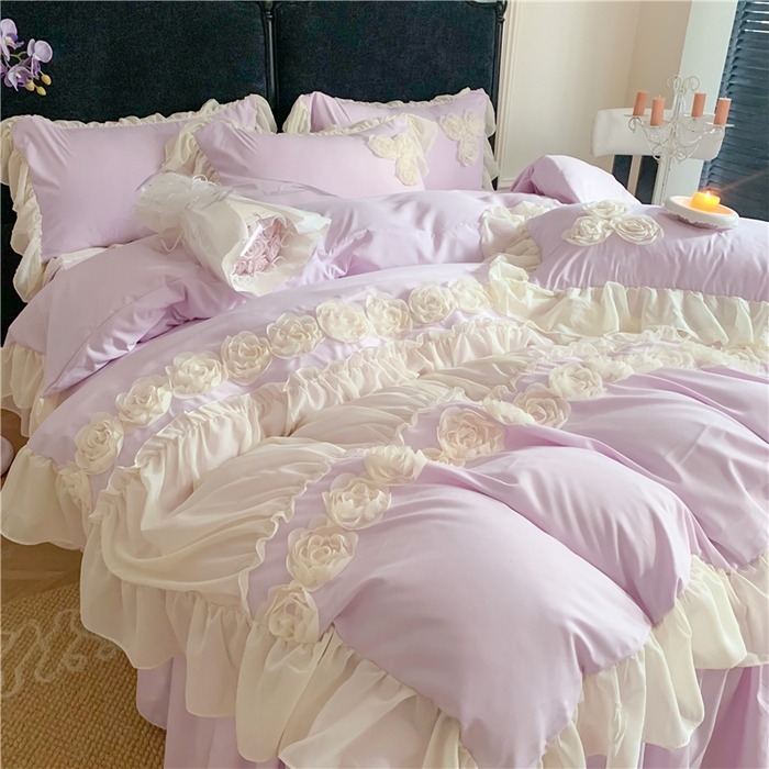 91家纺网 家纺一手货源 找家纺 富盛家纺 2025新款水洗亲肤棉盘花刺绣床裙款四件套公主风四件套甜蜜蜜系列 甜蜜蜜-紫