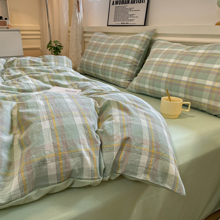 91家纺网 家纺一手货源 找家纺 盛秋家纺 2025新款水洗棉格子系列四件套 伯曼+灰绿