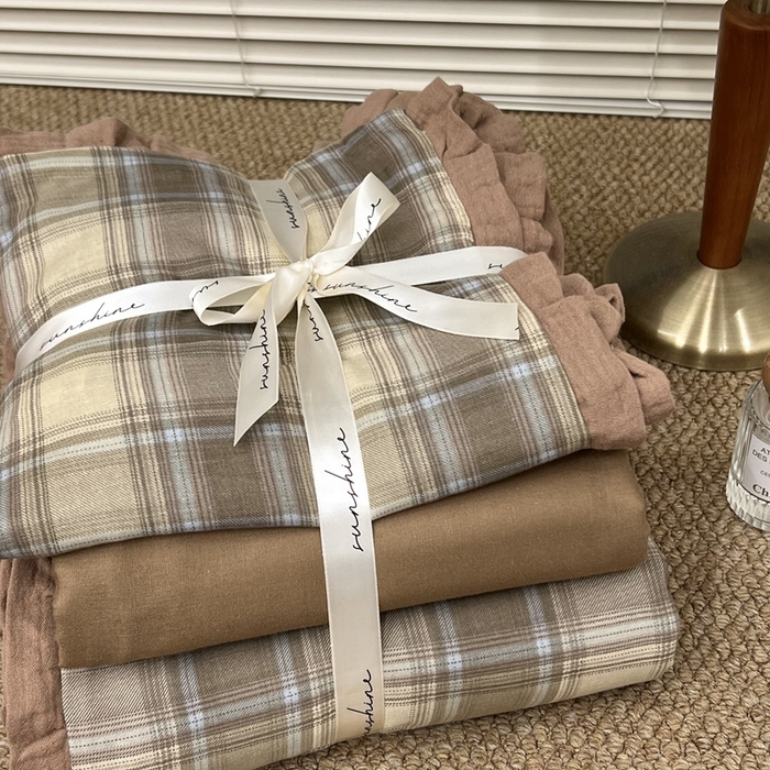 91家纺网 家纺一手货源 找家纺 荣轩 2024新款全棉印花双层纱四件套 皱皱纱花边款 云川寄禾