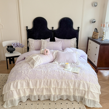 吾欢心 2025新款糯小棉立体绣花雪纺花边四件套-蝴蝶梦 蝴蝶梦-紫