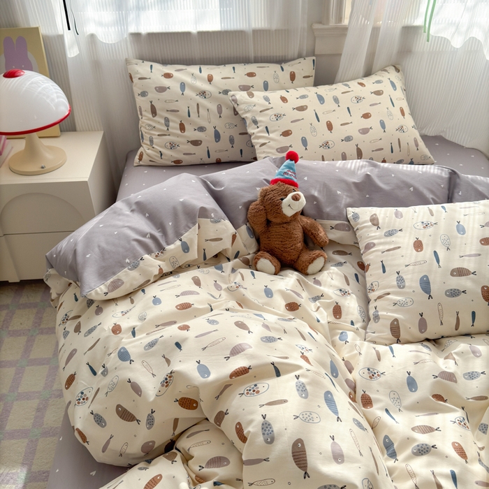 91家纺网 家纺一手货源 找家纺 清雅福 2025全棉13372小清新四件套和单被套早春系列第二批--四件套 鱼多多