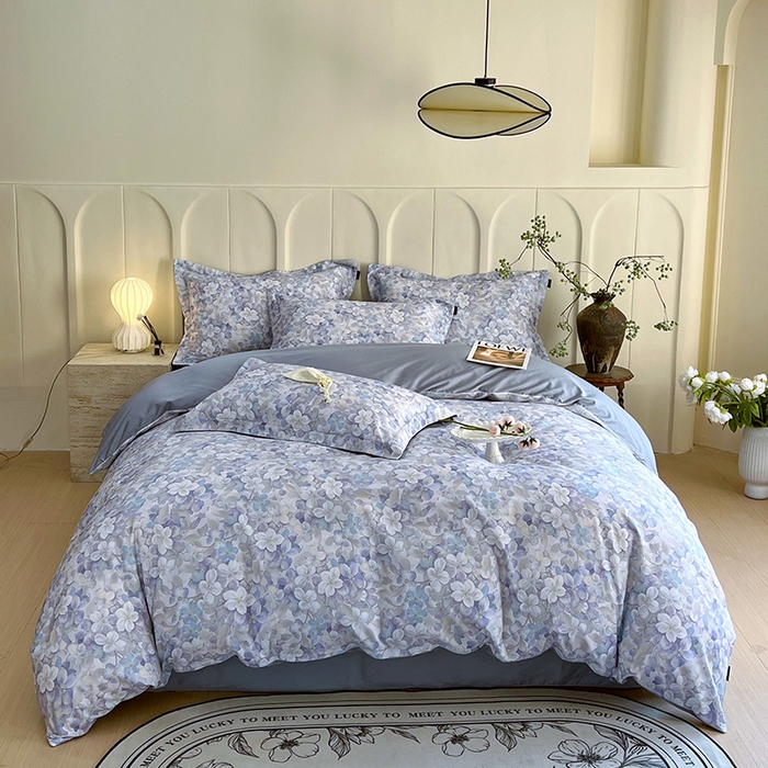 91家纺网 家纺一手货源 找家纺 梧桐树 2025新款100%全棉60S长绒棉套件 S24花雅蓝