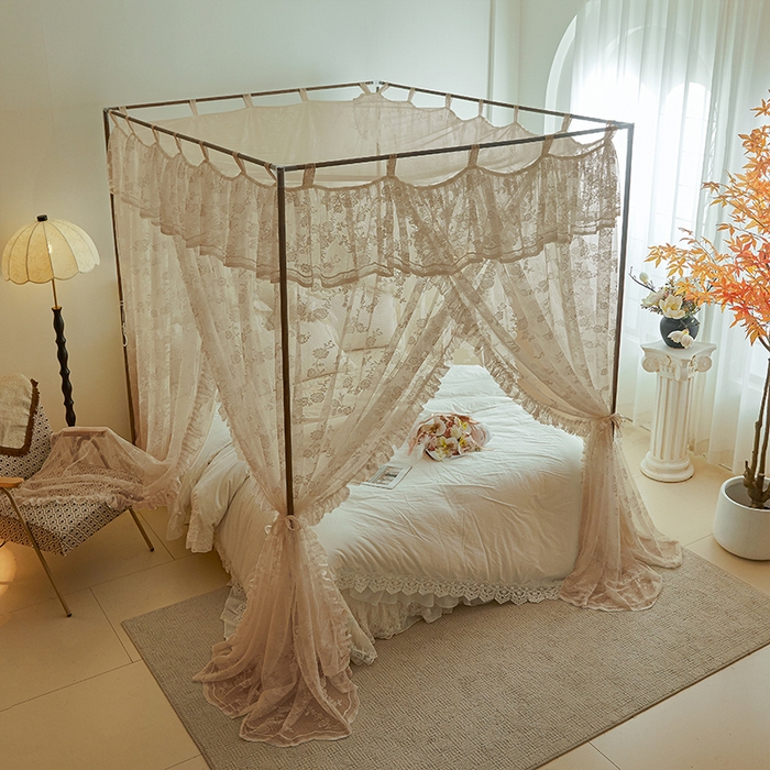 91家纺网 家纺一手货源 找家纺 都市缘蚊帐 2025新款A902穿杆落地宫廷蚊帐烤漆支架款 902可可庄园-奶油杏