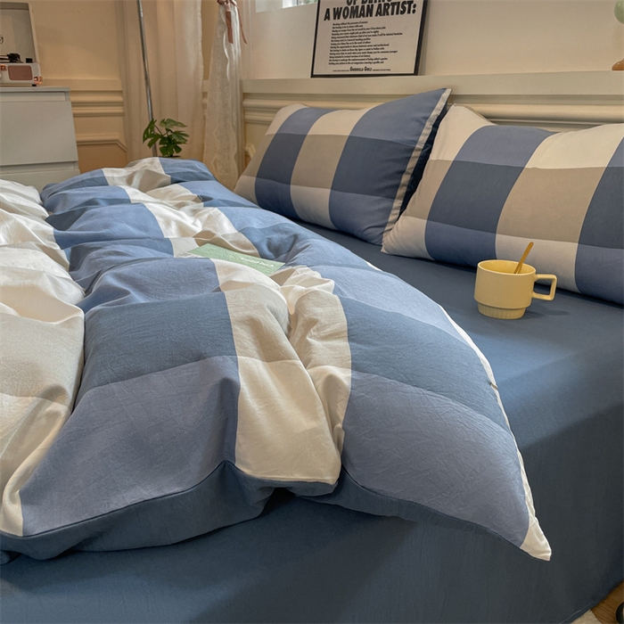 91家纺网 家纺一手货源 找家纺 盛秋家纺 2025新款水洗棉格子系列四件套 蓝大格+宾利蓝