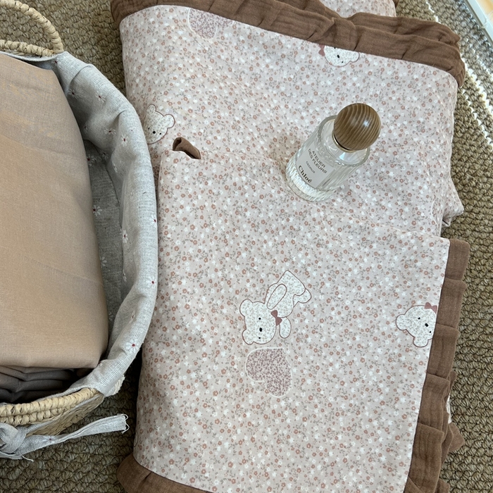 91家纺网 家纺一手货源 找家纺 荣轩 2024新款全棉印花双层纱四件套 皱皱纱花边款 泡芙熊-咖