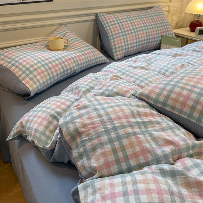 91家纺网 家纺一手货源 找家纺 盛秋家纺 2025新款水洗棉格子系列四件套 朵拉+海清