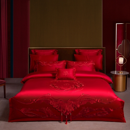 美娘阁 2025新款A版长绒棉提花B版长绒棉刺绣婚庆多件套 美梦情缘（红）