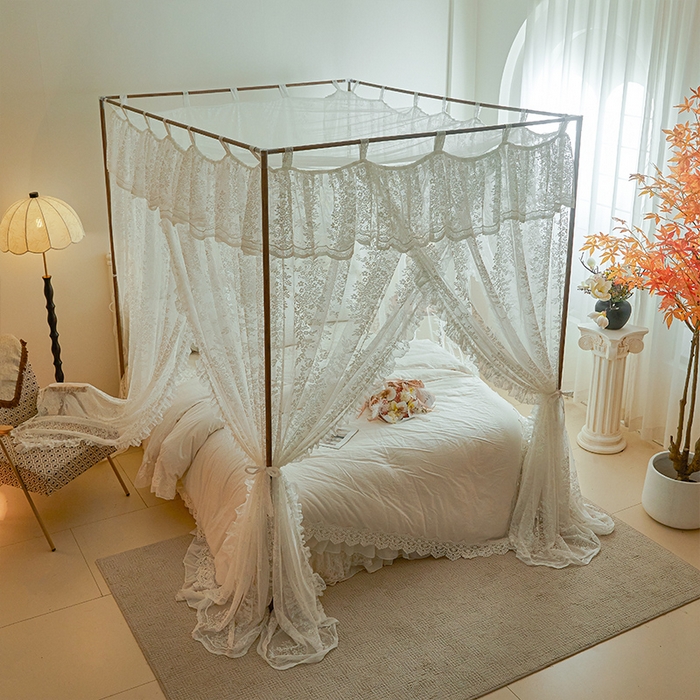 91家纺网 家纺一手货源 找家纺 都市缘蚊帐 2025新款A902穿杆落地宫廷蚊帐烤漆支架款 902玫瑰庄园-奶油白