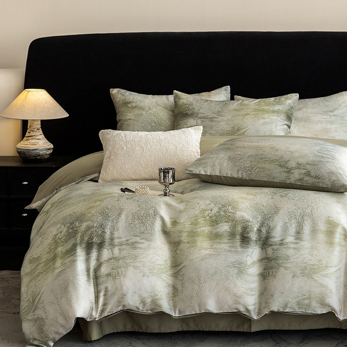 91家纺网 家纺一手货源 找家纺 立奥被业 2025新款60S数码印花四件套四件套 墨屿-绿