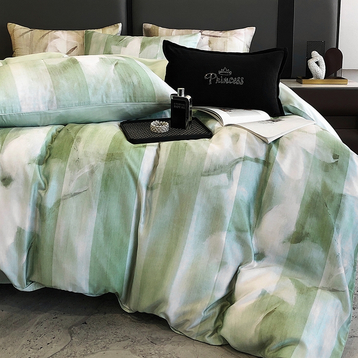 91家纺网 家纺一手货源 找家纺 立奥被业 2025年新款100%兰精天丝四件套天丝数码印花四件套 雨荷绿