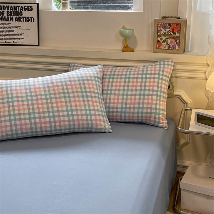 91家纺网 家纺一手货源 找家纺 盛秋家纺 2025新款水洗棉格子系列四件套 朵拉+海清