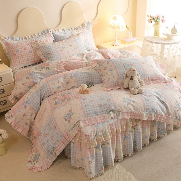 91家纺网 家纺一手货源 找家纺 美达家纺 2025新款全棉印花床裙四件套 悦动心妍