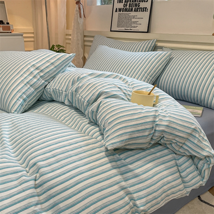 91家纺网 家纺一手货源 找家纺 盛秋家纺 2025新款水洗棉格子系列四件套莫拉绿+海清