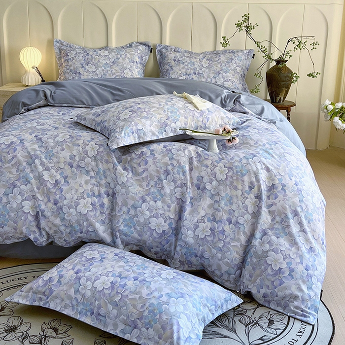 91家纺网 家纺一手货源 找家纺 梧桐树 2025新款100%全棉60S长绒棉套件 S24花雅蓝