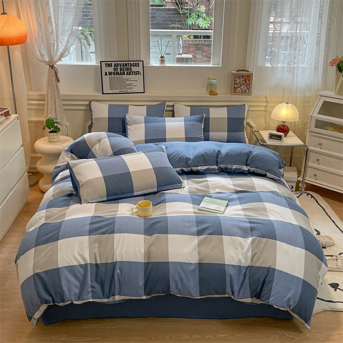91家纺网 家纺一手货源 找家纺 盛秋家纺 2025新款水洗棉格子系列四件套 蓝大格+宾利蓝