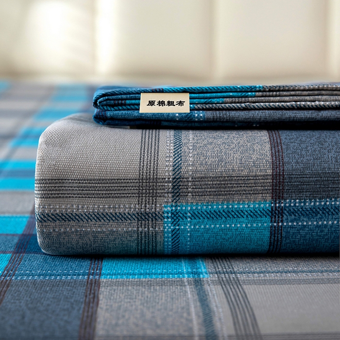 91家纺网 家纺一手货源 找家纺 帛洵2025新款原棉老粗布床单 灰蓝格