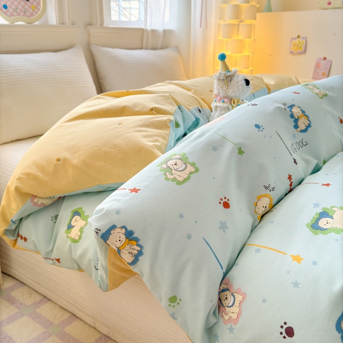 91家纺网 家纺一手货源 找家纺 清雅福 2025全棉13372小清新四件套和单被套早春系列第二批--单被套 旺柴犬·蓝