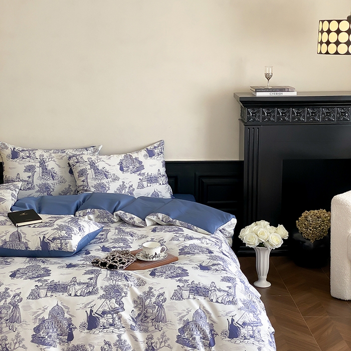 91家纺网 家纺一手货源 找家纺 赫帛 2025新款赫本猫联名系列四件套-南法庄园 南法庄园-复古蓝