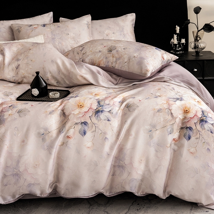 91家纺网 家纺一手货源 找家纺 立奥被业 2025年新款100%兰精天丝四件套天丝数码印花四件套 忆江南-紫