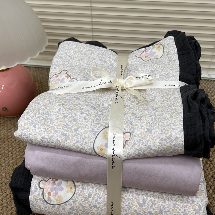 91家纺网 家纺一手货源 找家纺 荣轩 2024新款全棉印花双层纱四件套 皱皱纱花边款 曲奇绵绵