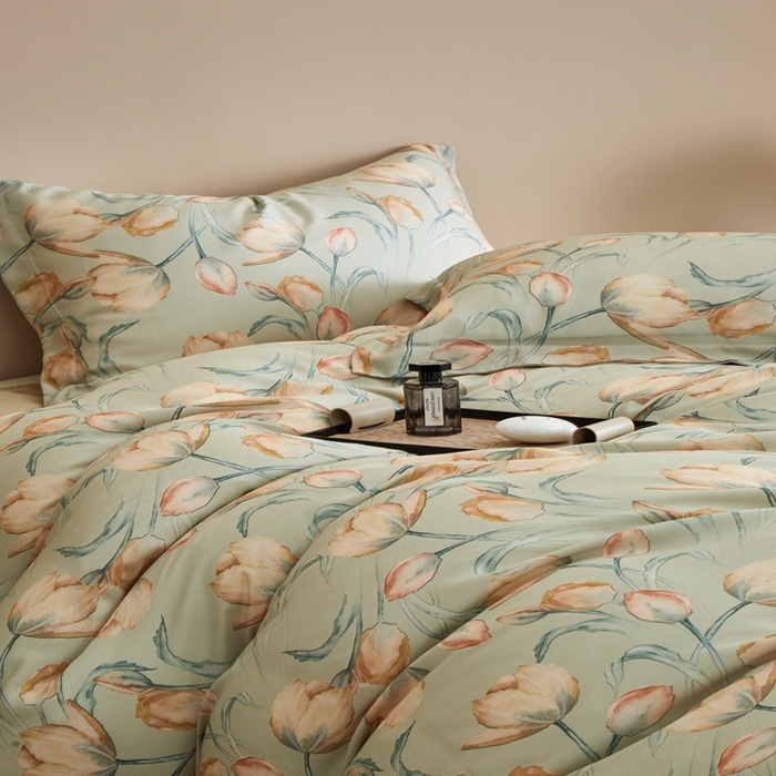 91家纺网 家纺一手货源 找家纺 顾家家居 2025新款莱塞尔数码印花四件套 林间蜜杏