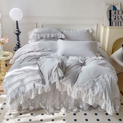 睡美人  2025新款韩版全锦棉糯糯棉蕾丝款公主风双层花边四件套 花舞-香槟灰