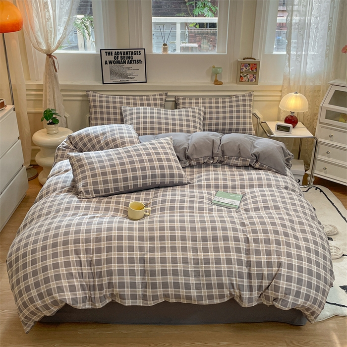 91家纺网 家纺一手货源 找家纺 盛秋家纺 2025新款水洗棉格子系列四件套 保罗+中灰