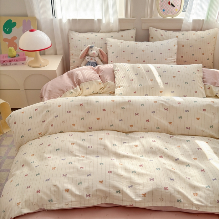 91家纺网 家纺一手货源 找家纺 清雅福 2025全棉13372小清新四件套和单被套早春系列第二批--单枕套 糖果蝴蝶结